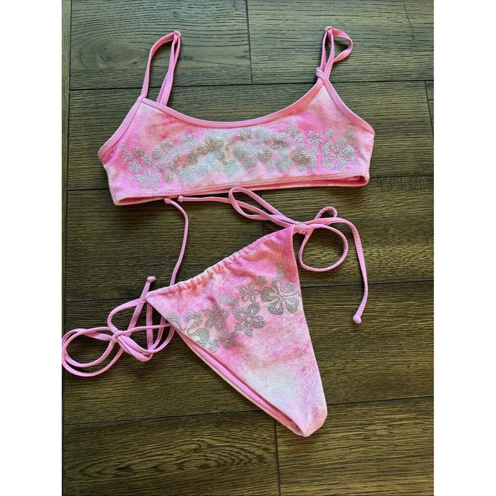 Frankies Bikinis Rhinestone Top & Side Tie Bottom Set Pink Size Med MWOT